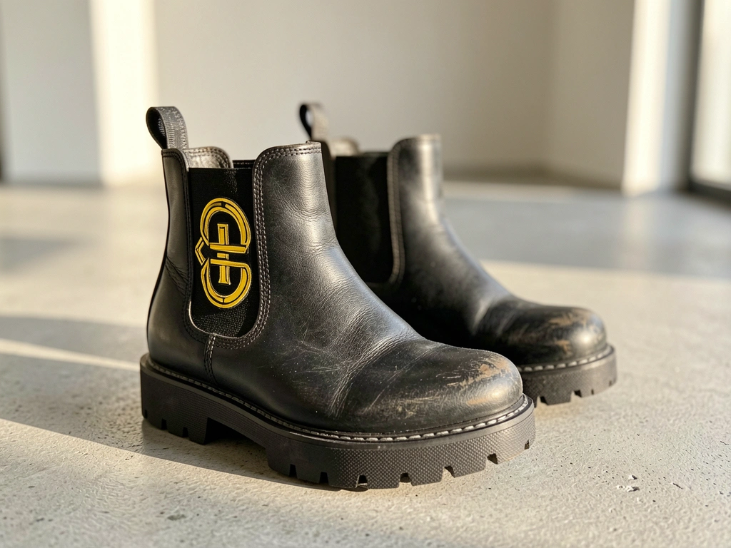 Botas Chelsea de couro preto com sola grossa e detalhe amarelo-dourado no lado, sobre piso de concreto cinza claro, luz natural com sombras suaves.