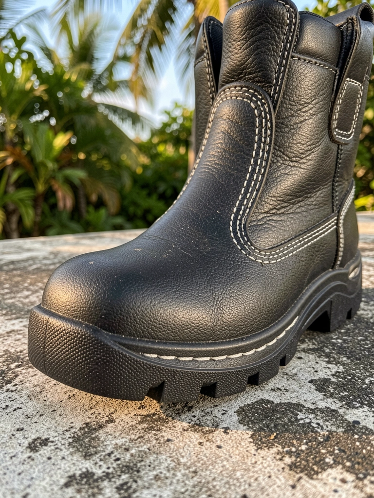 Bota de couro preta com costura branca sobre concreto desgastado, luz natural destaca textura do couro e solado.
