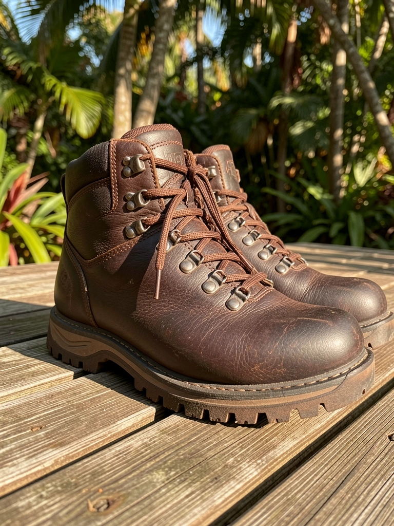 Bota de couro marrom escuro com cadarço grosso e sola robusta sobre deck de madeira desgastado, luz natural e fundo de jardim tropical desfocado.