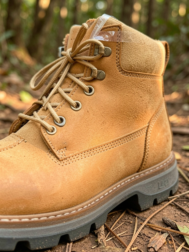 Bota de couro marrom com sola grossa cinza escura e cadarço amarrado, luz natural quente em fundo de floresta desfocado.