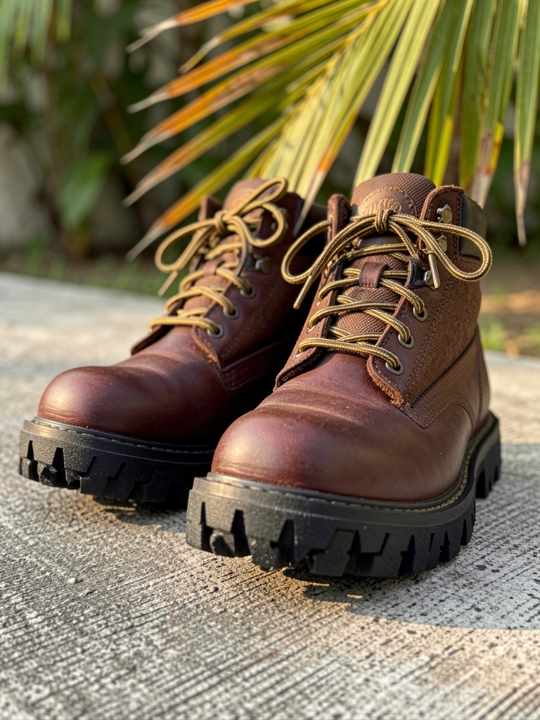 Botas de couro marrom com cadarço dourado e sola grossa sobre concreto cinza, folhas de palmeira ao fundo com luz natural.