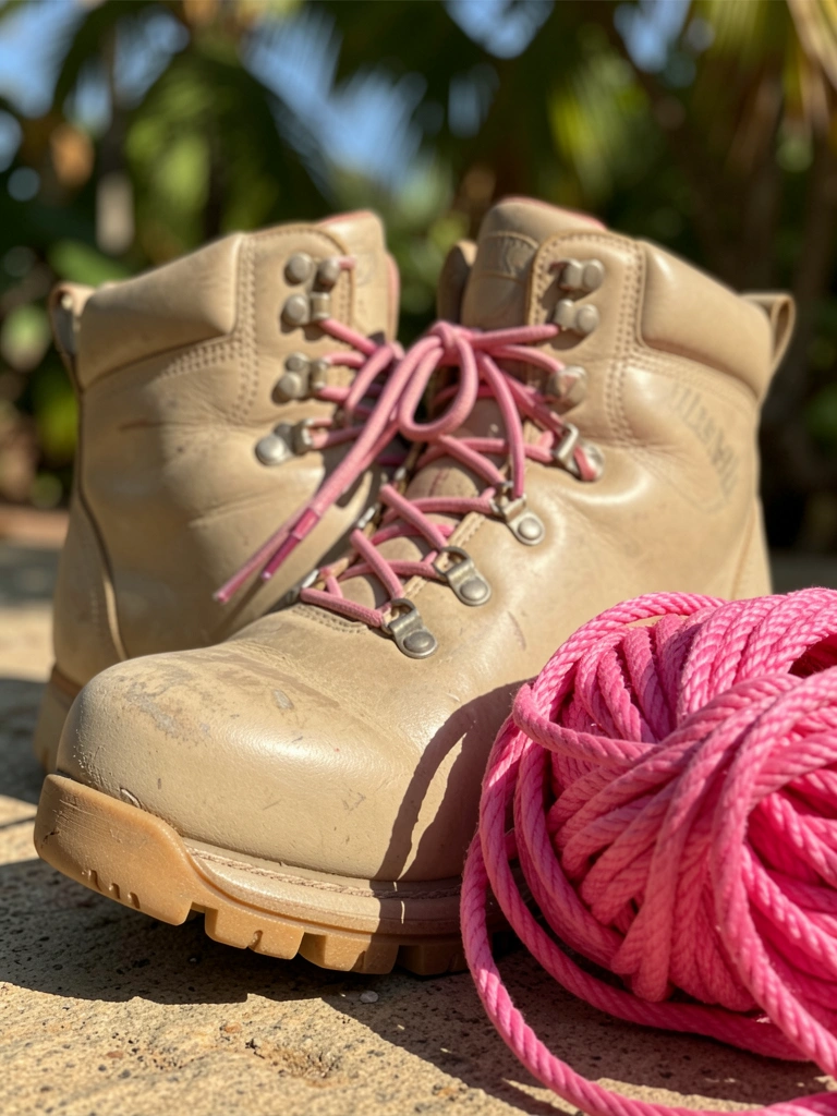 Bota de couro bege com cadarços rosa e sola texturizada, carretel de corda rosa ao lado, luz natural quente.