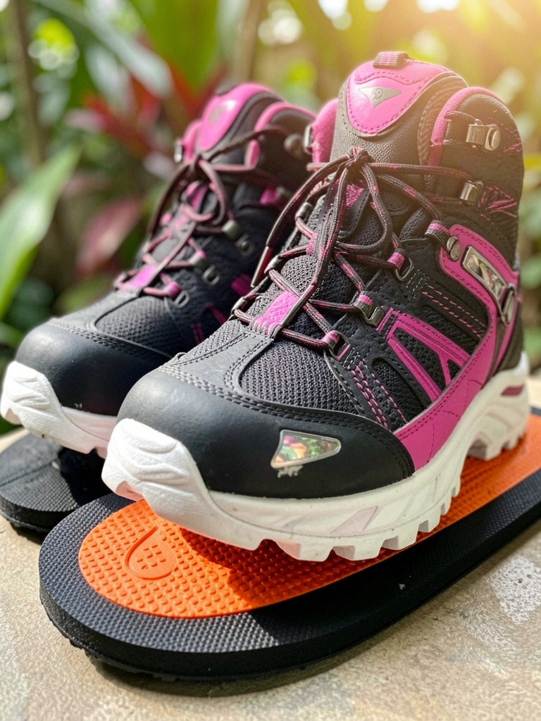 Detalhe de botas de caminhada pretas e rosa com sola branca e detalhes refletivos sobre palmilha preta e entressola laranja, luz natural difusa.