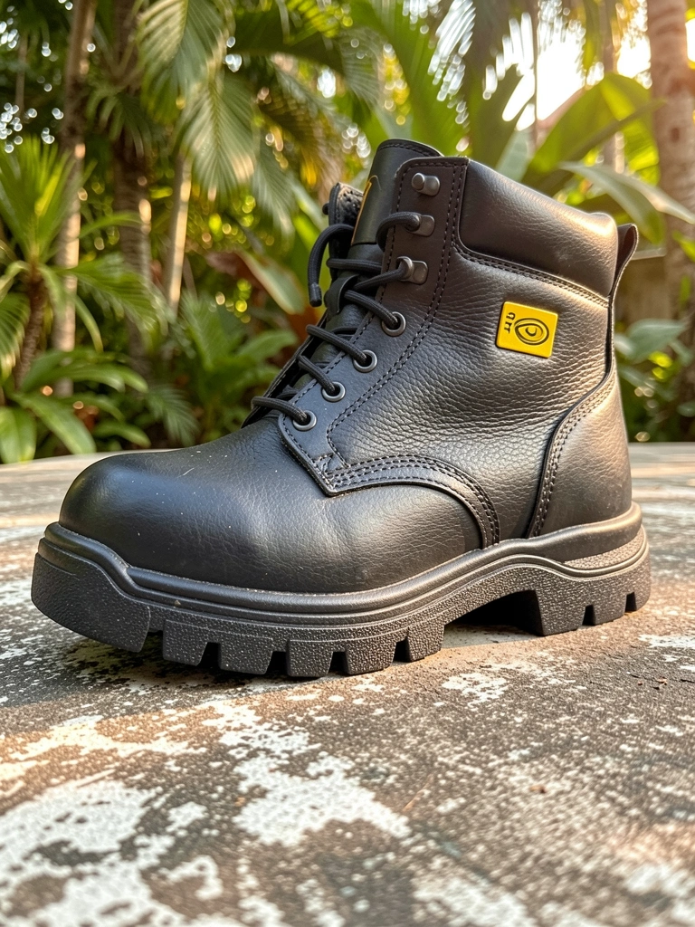 Bota de couro preta com sola de borracha texturizada sobre concreto, luz natural filtrada por folhagens ao fundo.
