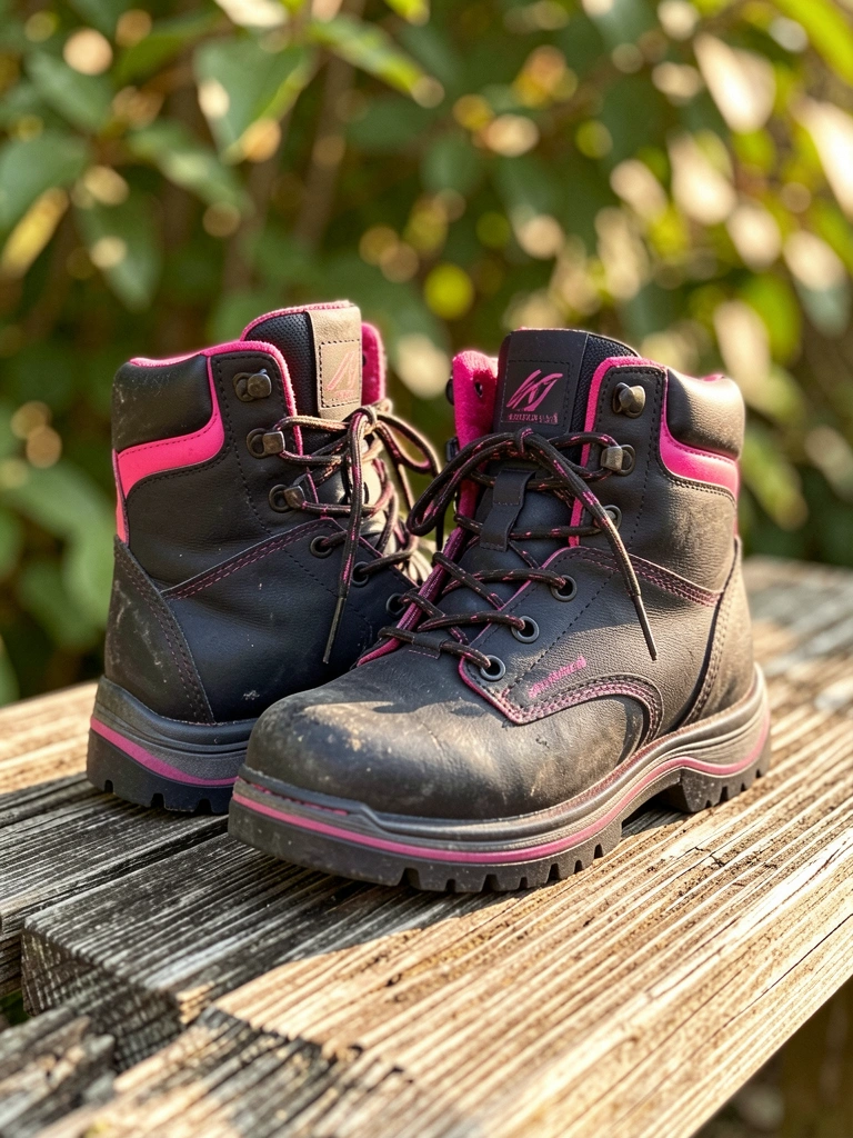 Botas pretas com detalhes rosa sobre tábua de madeira desgastada, luz natural filtrada por folhagem ao fundo.