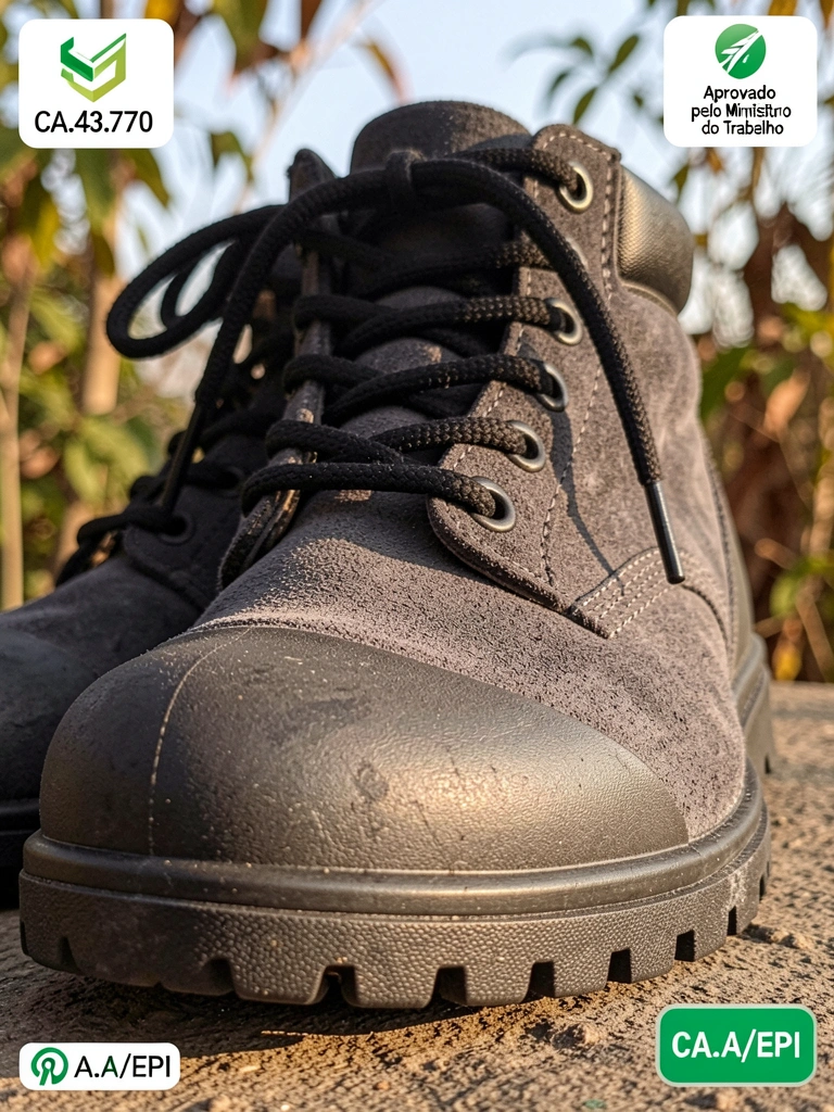 Bota de trabalho de camurça cinza escura com biqueira de PVC, cadarços pretos grossos e sola texturizada, em luz natural, com etiquetas de aprovação ao fundo.