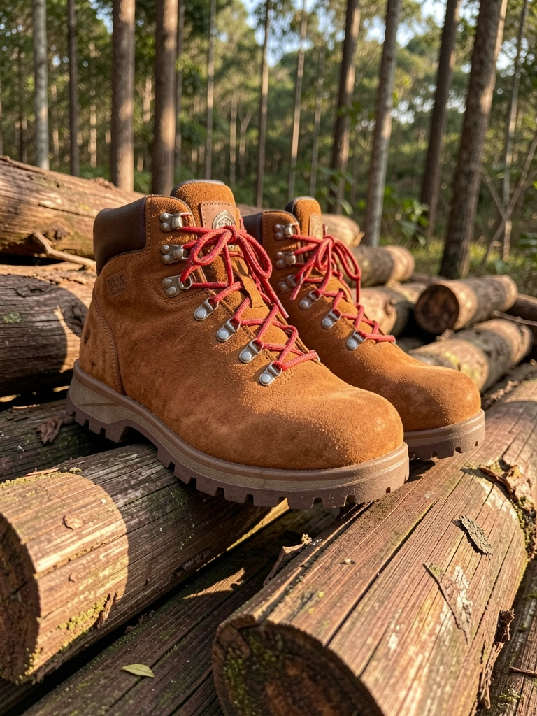 Botas marrons de camurça com cadarços vermelhos sobre pilha de toras desgastadas, luz natural manchada de sombras de árvores.