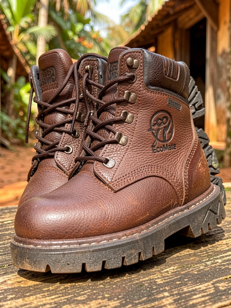Bota de couro marrom com sola grossa e detalhes texturizados, logotipo EcoMate na lateral, luz natural destacando o artesanato.