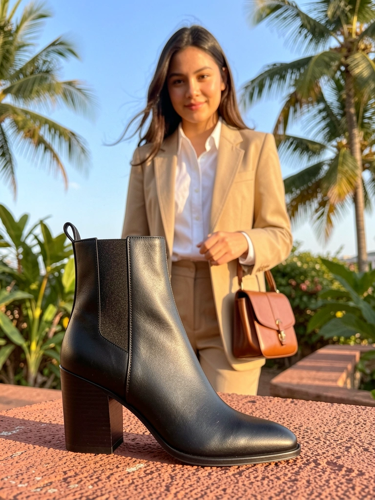 Bota preta de cano curto com salto bloco em primeiro plano, foco nítido no couro texturizado; mulher de blazer bege ao fundo, luz natural do dia.