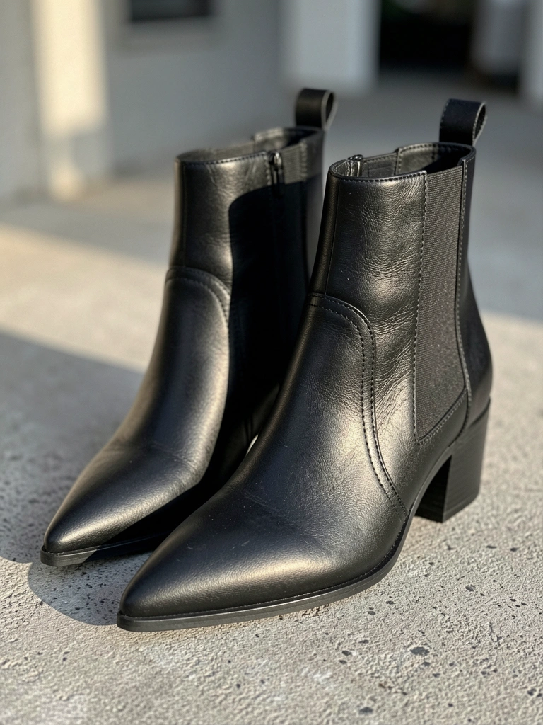 Botas pretas de couro com bico fino e salto bloco, textura mate e costuras visíveis, luz natural e fundo desfocado.