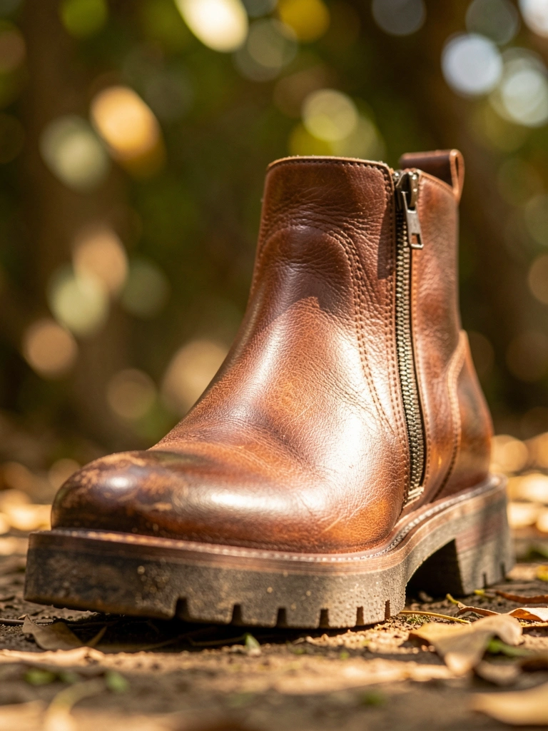 Bota marrom de couro com zíper e solado texturizado, luz filtrada por folhas ao fundo desfocado.