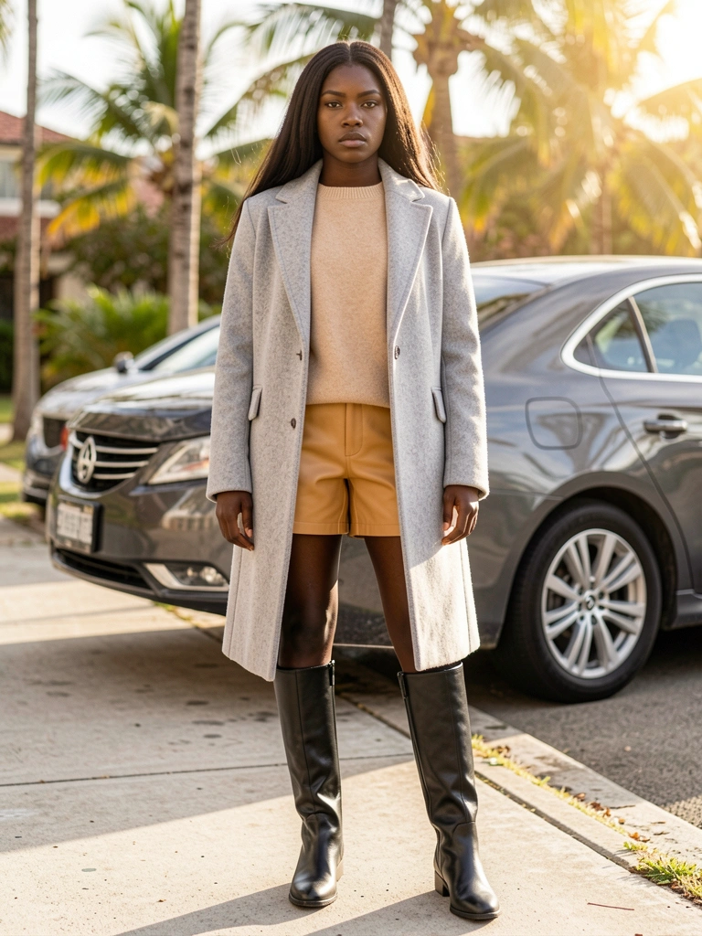 Casaco de lã cinza claro, suéter bege, shorts de couro marrom e botas pretas de cano alto em mulher negra jovem na calçada, carro cinza escuro ao fundo, luz natural do dia.