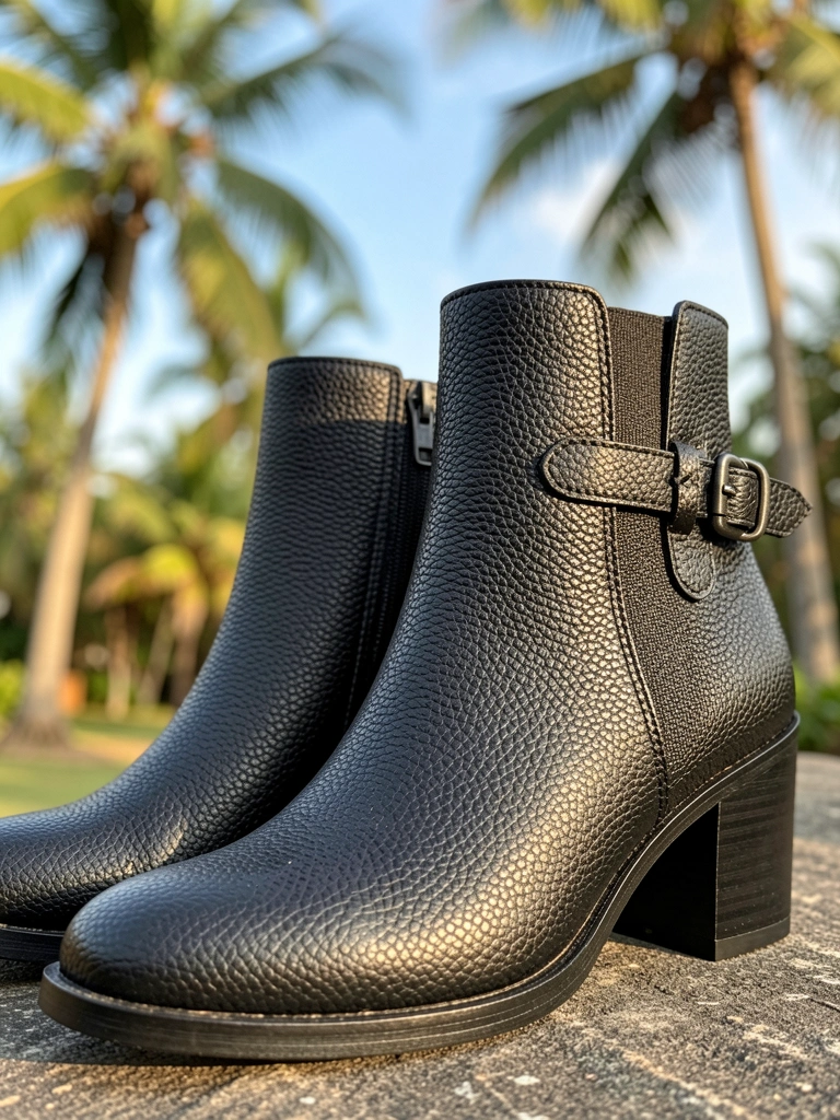 Botas pretas de couro texturizado, com salto bloco e fivela lateral, sob luz natural, fundo desfocado com palmeiras.