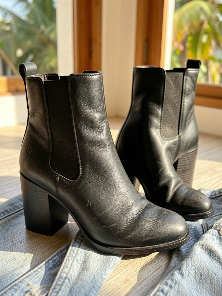 Botas de couro preto com salto bloco e jeans claro sobre assoalho claro, luz natural destacando textura e desgaste.