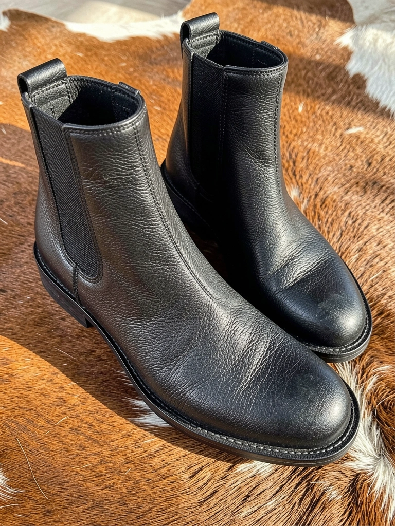 Bota preta de couro com costuras detalhadas sobre tapete de couro marrom, luz natural criando sombras suaves.