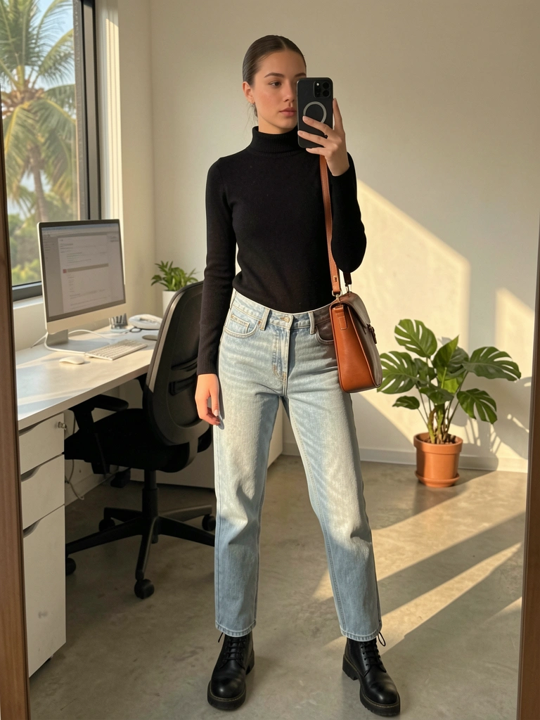 Jovem de suéter preto e jeans claro segurando bolsa marrom, tirando selfie em escritório com monitor e planta, luz natural.