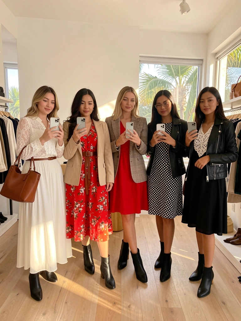 Cinco mulheres em loja de roupas, cada uma com smartphone e sapato preto de salto curto; uma usa blusa de renda branca e saia fluida com bolsa marrom, outra veste vestido floral vermelho com jaqueta bege, uma terceira usa blazer xadrez sobre vestido vermelho, a quarta está de vestido de bolinhas preto e branco com jaqueta preta, e a quinta veste vestido preto com detalhe de renda branca; fundo com paredes brancas e piso de madeira, luz natural do dia.