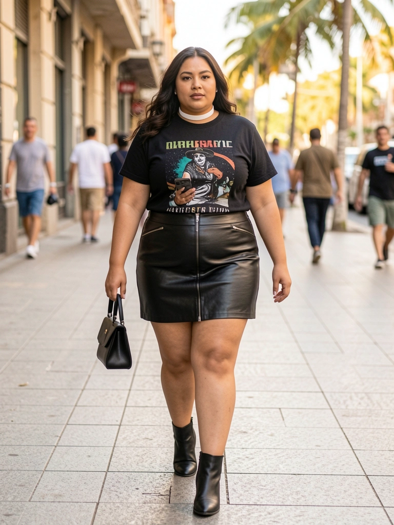 Mulher plus size caminhando em calçada urbana, camiseta preta com estampa, minissaia de couro preta, botas ankle, segurando smartphone e bolsa, foco nos detalhes do couro, luz natural.