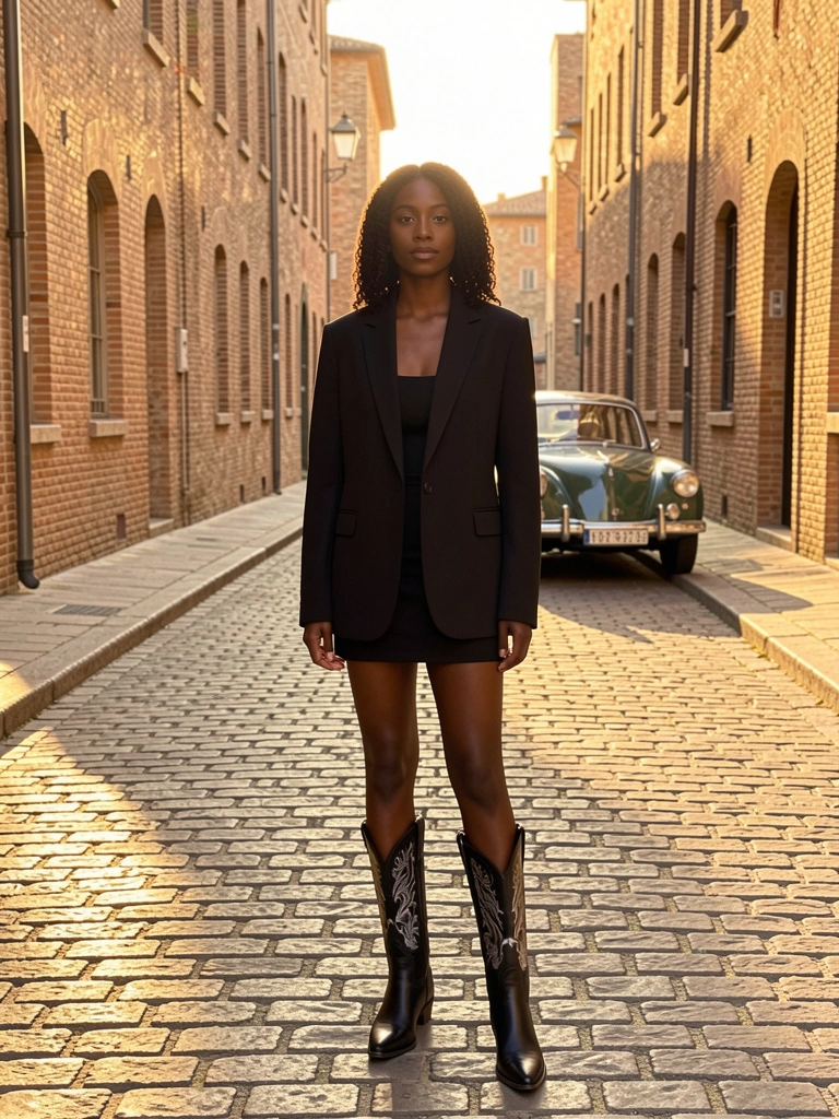 Jovem negra de blazer preto oversized e botas de couro com detalhes prateados em rua de paralelepípedos, luz dourada do fim de tarde, carro antigo ao fundo.