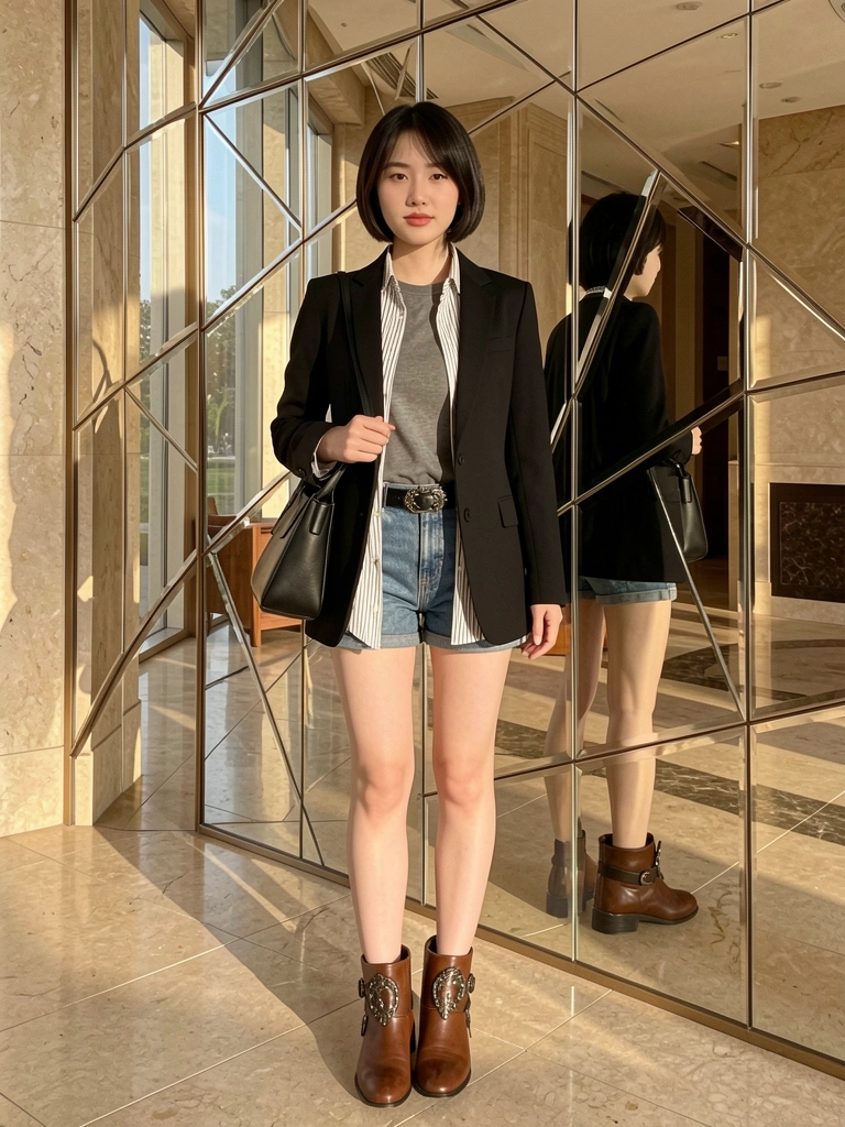 Mulher em lobby com blazer preto, camisa listrada e botas marrons; parede espelhada e luz natural.