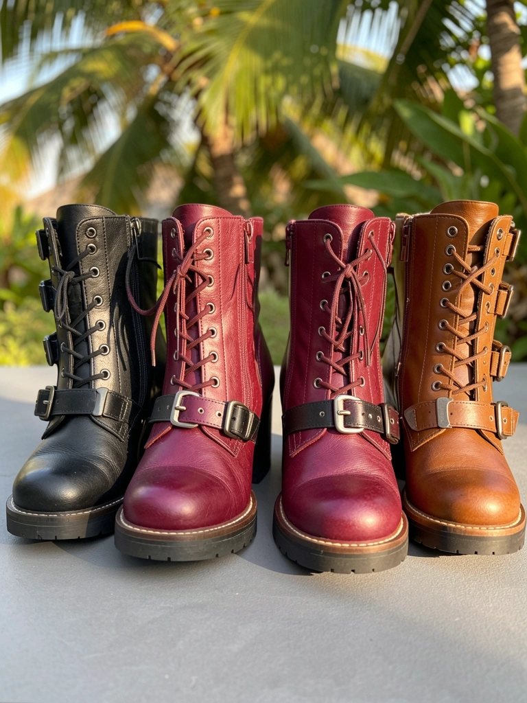 Quatro botas cano curto com salto bloco e fivelas metálicas em couro preto, vinho e marrom, lado a lado sobre fundo cinza neutro sob luz natural.