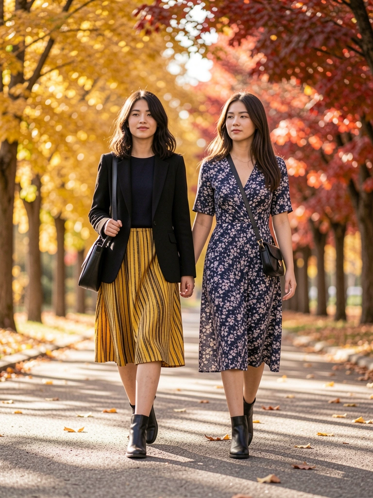 Duas mulheres caminham em calçada ladeada por árvores com folhas douradas e vermelhas, uma de blazer preto e saia listrada, outra de vestido floral, ambas com botas ankle pretas, luz solar filtrada.