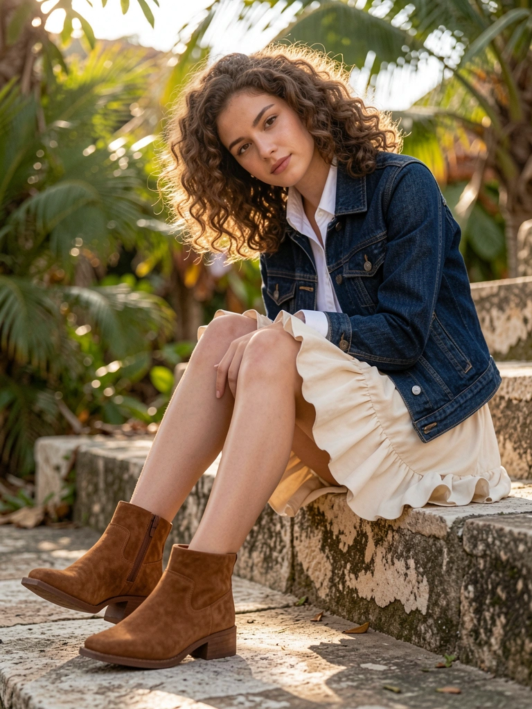 Jovem de cabelos cacheados sentada em degrau de pedra, jaqueta jeans azul escura, saia franzida creme e botas camurça marrom com bico quadrado, luz natural filtrada por folhas.