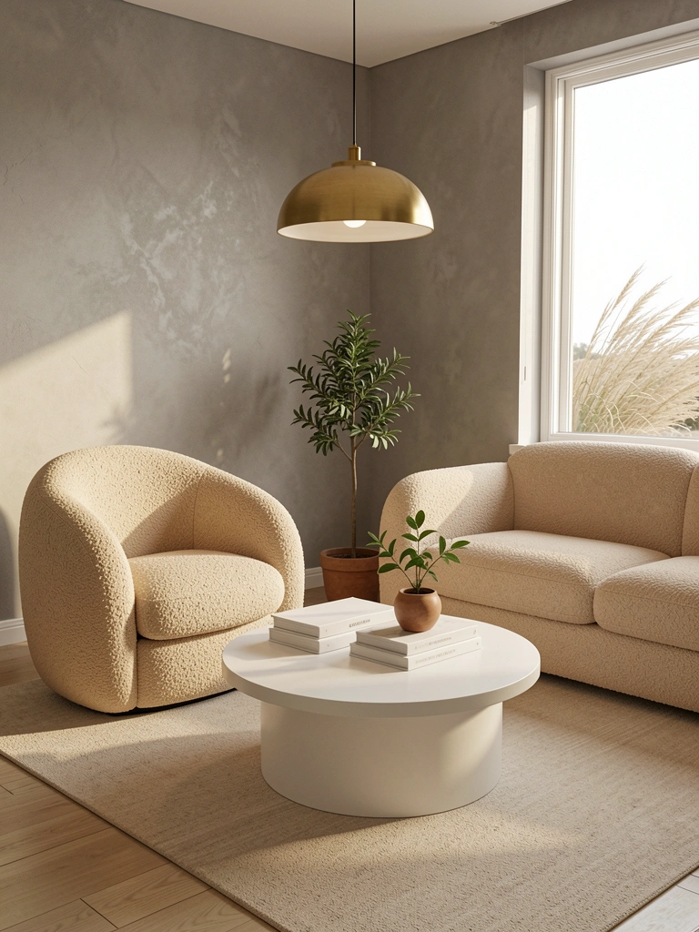 Poltrona e sofá bouclé bege em sala com mesa circular branca, livros empilhados e vaso de planta sob luz natural.