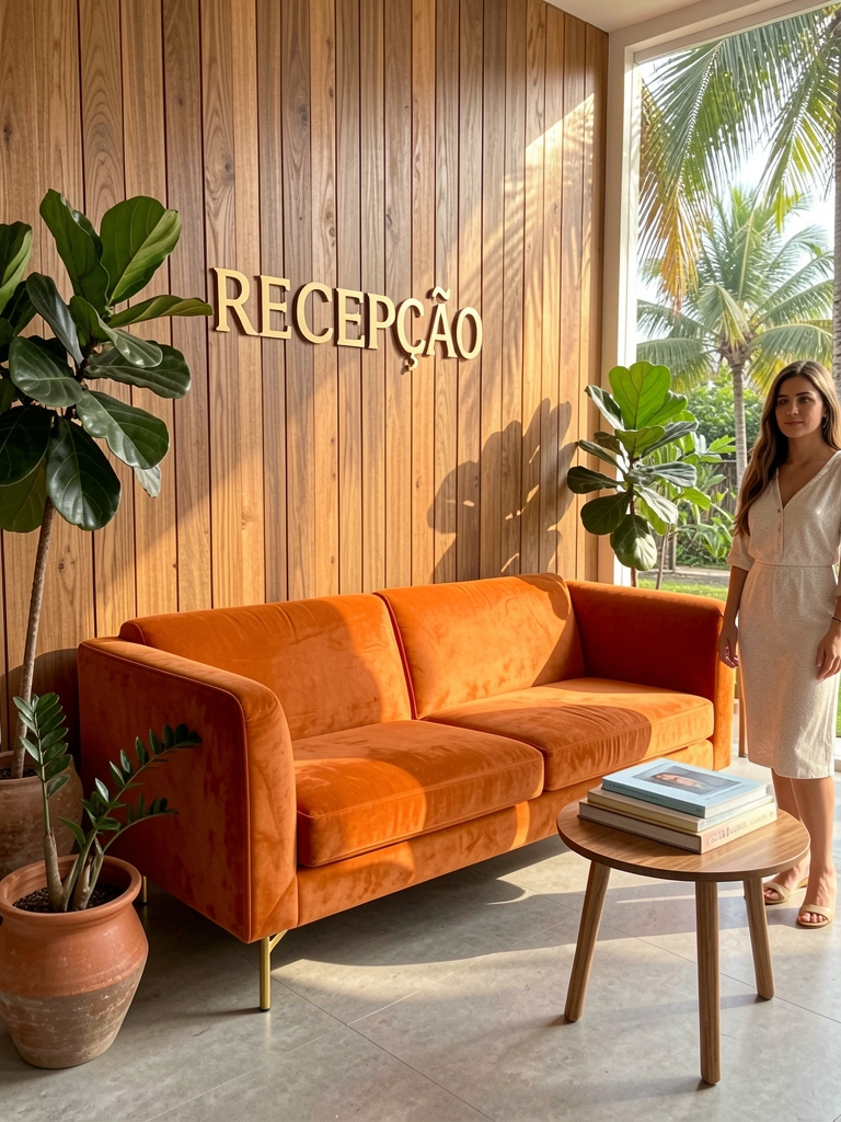 Sofá de veludo laranja com pés dourados, painel de madeira texturizada com placa 