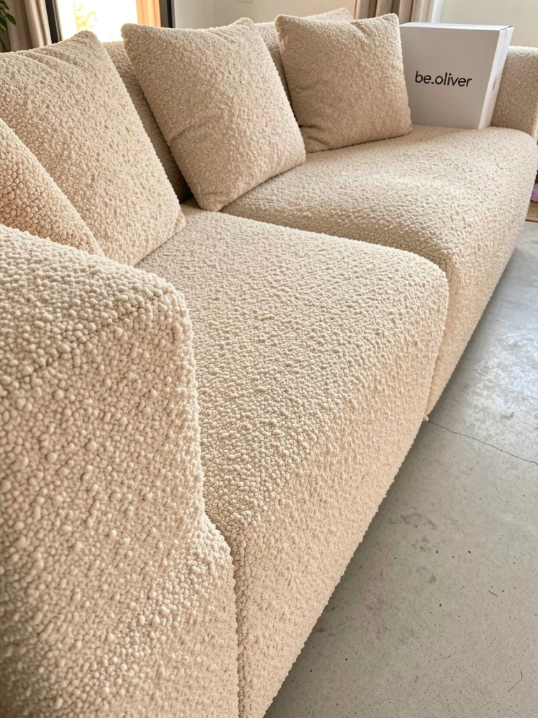 Bouclé bege claro de sofá seccional com textura solta e fofa, almofadas fofinhas, piso de concreto cinza claro, caixa branca da be.oliver ao fundo, luz natural quente.