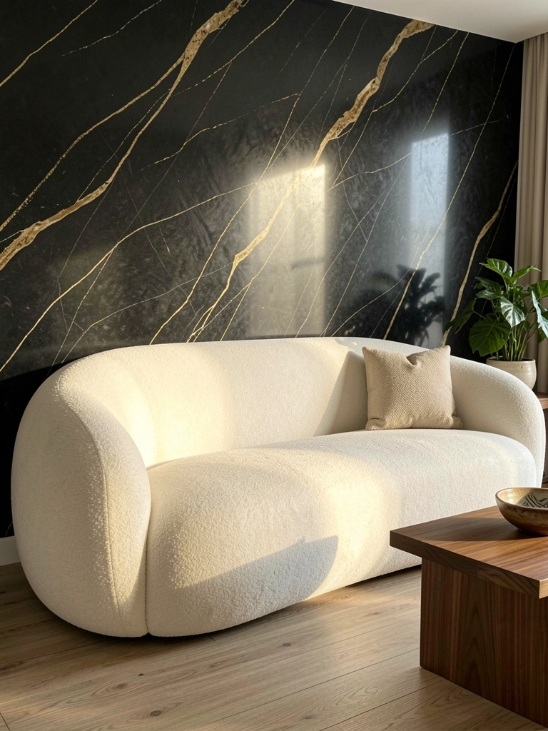 Sofá off-white texturizado contra parede de mármore preto com veios dourados, mesa de madeira com bowl e vaso de planta.