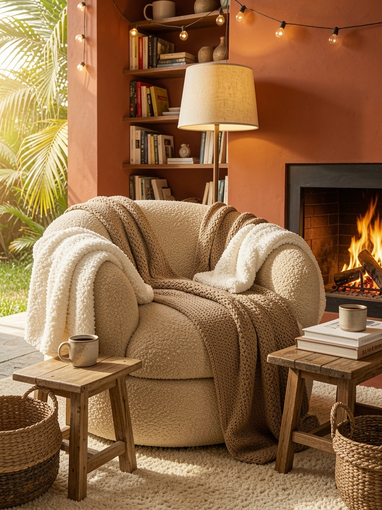Poltrona boucle bege com manta tricô marrom e manta branca, mesa lateral de madeira com caneca e livros, lareira acesa ao fundo, luz dourada.