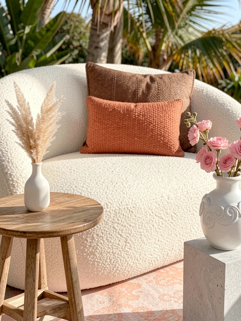 Sofá bouclê off-white com almofada marrom texturizada e almofada terracota, mesa rústica de madeira com vaso branco e capim-dos-pampas, tapete rosado e pêssego ao fundo, luz natural quente.