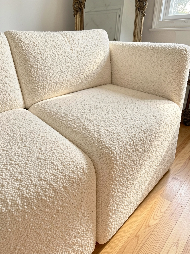 Luz natural realça a textura nubby de sofá bouclé off-white com braços arredondados, espelho vintage ao fundo.