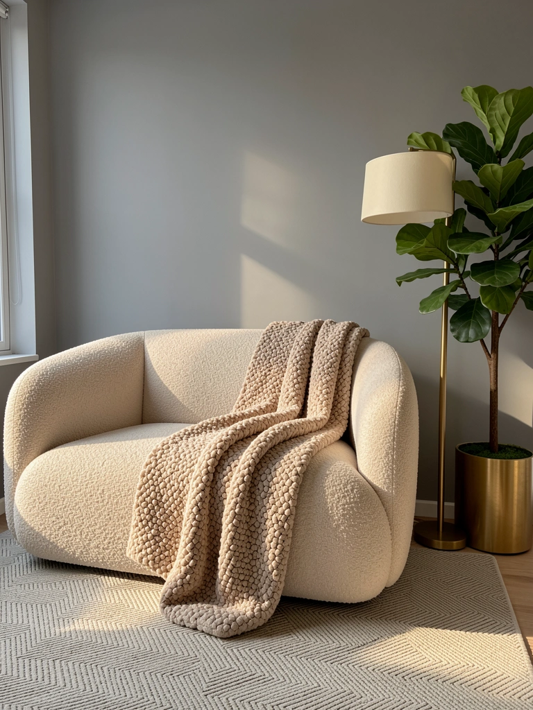 Sofá bouclé bege claro com manta texturizada, luminária dourada e vaso de planta verde, luz natural filtrada por janela.