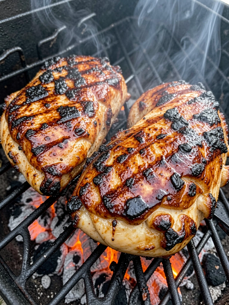 Dois peitos de frango grelhados com glacê caramelizado e marcas de carvão sobre grelha de metal preto com brasas incandescentes e fumaça subindo.