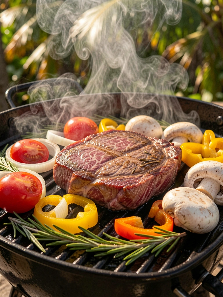 Bife mal passado com gordura brilhando sobre grelha escura, tomates, cebolas, pimentões e cogumelos ao redor, vapor subindo e fundo desfocado com luz natural.