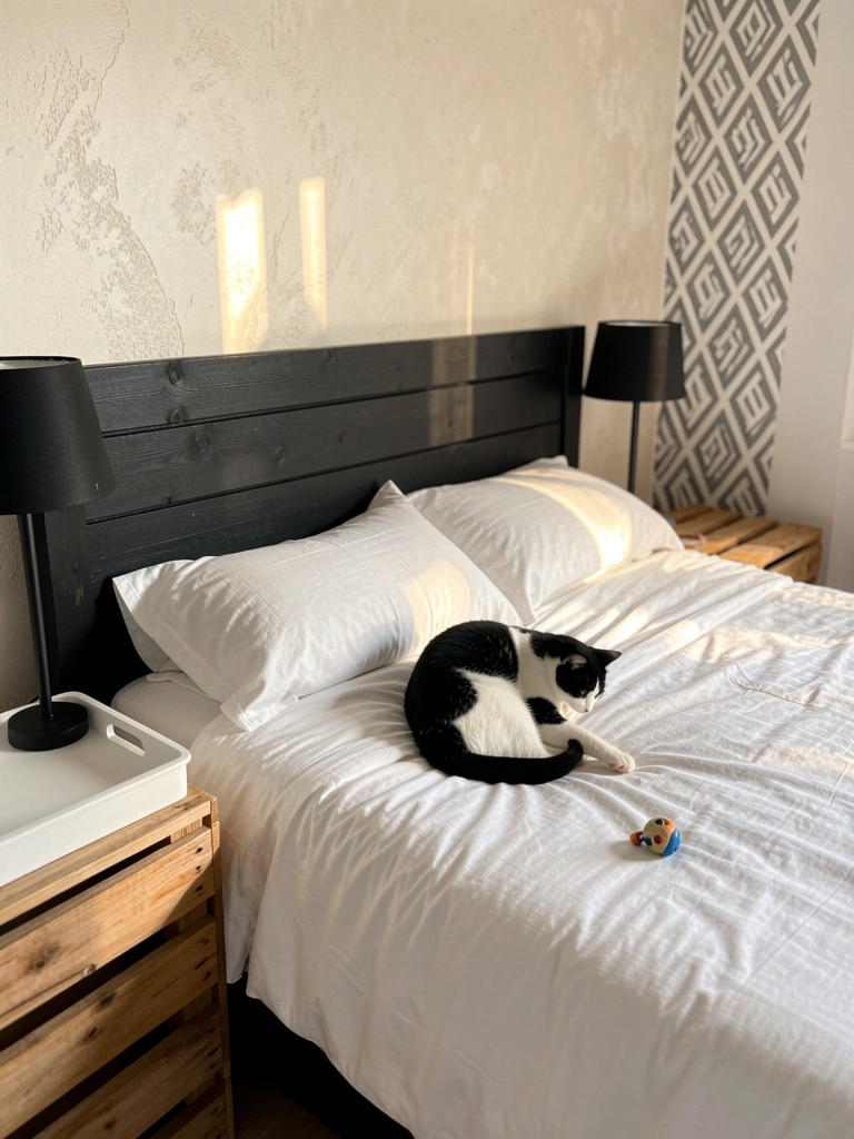 Gato preto e branco brinca sobre edredom branco em cama com cabeceira preta, abajures pretos e criado-mudo de madeira com bandeja branca, parede texturizada cinza e geométrica, baú de palete ao lado.