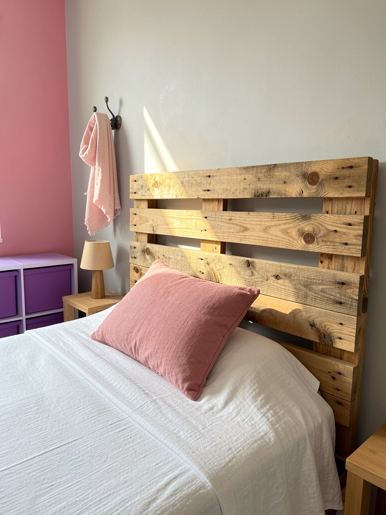 Cabeceira rústica de pallets em construção, cama com colcha de linho branco e almofada rosa, parede cinza e rosa, luz natural.