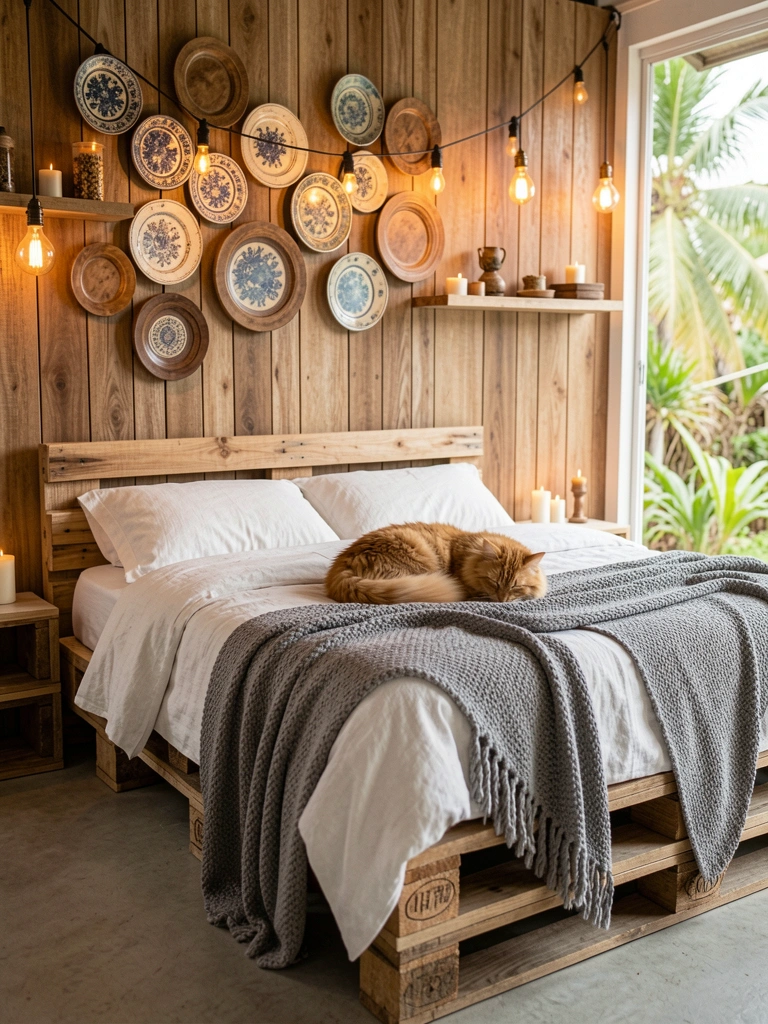 Cama de paletes com edredom branco, gato laranja enrolado, pratos vintage e luzes pendentes na parede de madeira.