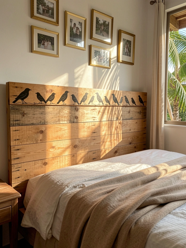 Cabeceira rústica de pallets com desenho de pássaros na borda, quadros dourados na parede e manta bege sobre a cama, sob luz natural difusa.