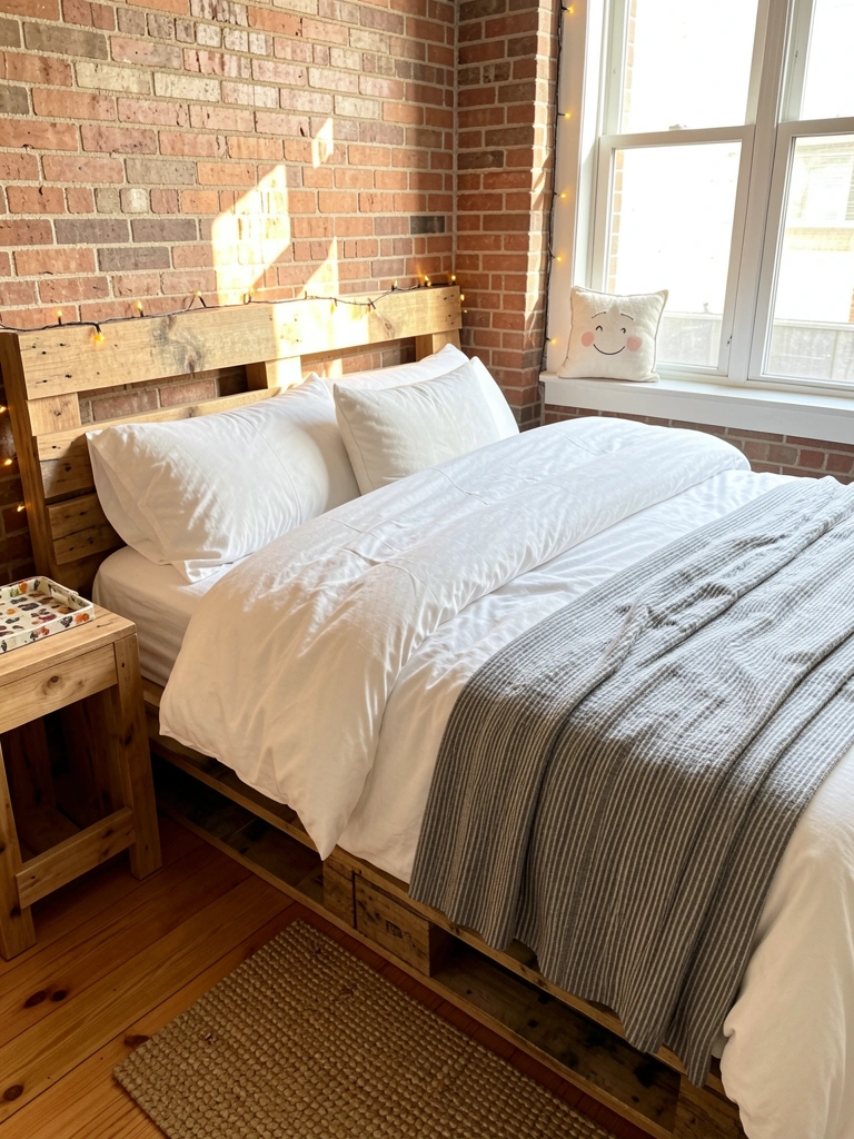 Cama rústica de paletes com edredom branco, manta cinza listrada e travesseiro, parede de tijolos à vista e luz natural entrando pela janela.
