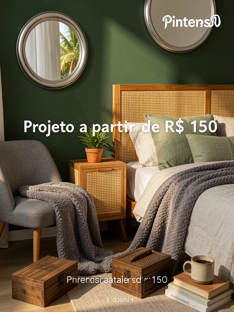 Quarto com parede verde escura, cama de madeira com cabeceira trançada e espelho redondo prateado, luz natural do dia.