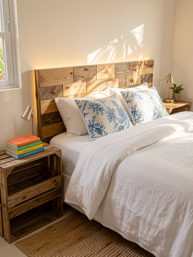 Cabeceira de madeira reciclada com iluminação embutida, mesas de caixotes, livros coloridos e roupa de cama branca com almofadas florais azuis.