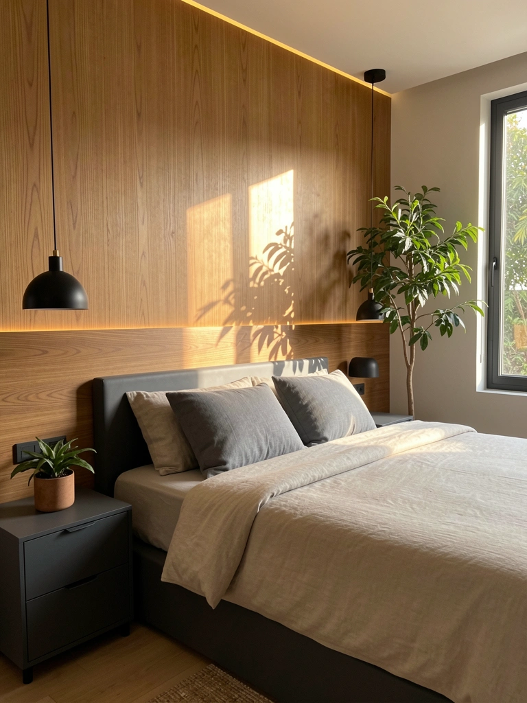 Cabeceira de madeira clara com fita de LED linear, cama cinza escuro e edredom bege, luminária pendente preta e plantas sob luz natural.