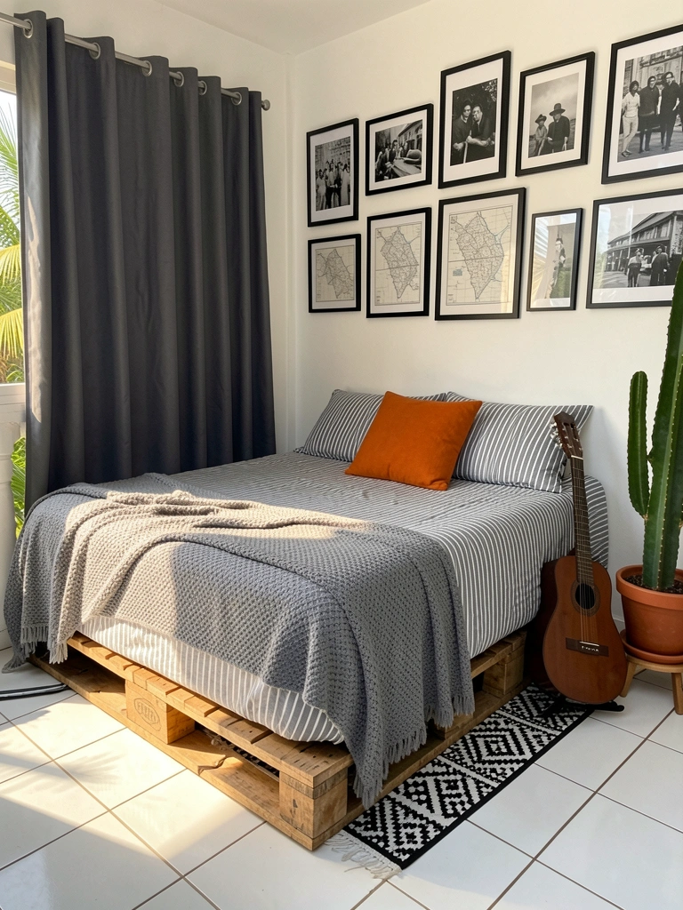 Cama com colchão sobre pallets, roupa de cama listrada cinza e branca, manta texturizada e almofada laranja; parede com cortina cinza escura e quadros em preto e branco; violão ao lado, cacto grande no chão, luz natural.