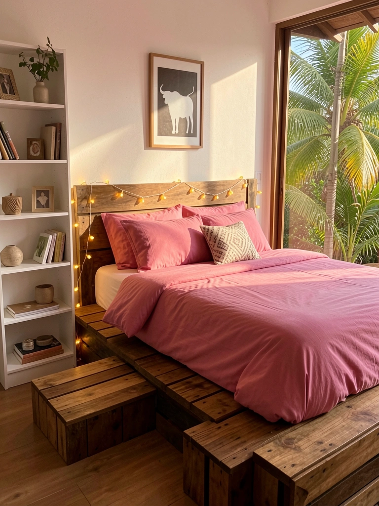 Cama plataforma de madeira com edredom rosa e almofadas, iluminada por luzes de fada quentes, prateleira branca à esquerda e quadro de silhueta de touro acima.