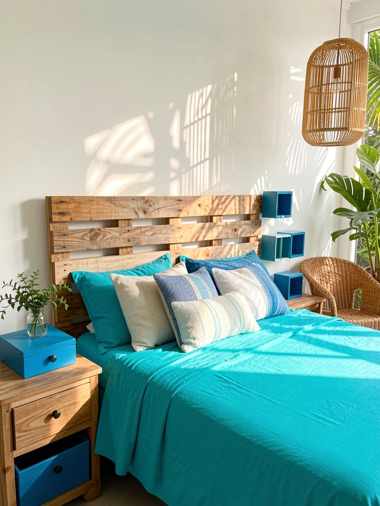 Cabeceira rústica de pallet com colcha turquesa, criado-mudo e baú azul, luz natural filtrada por plantas.