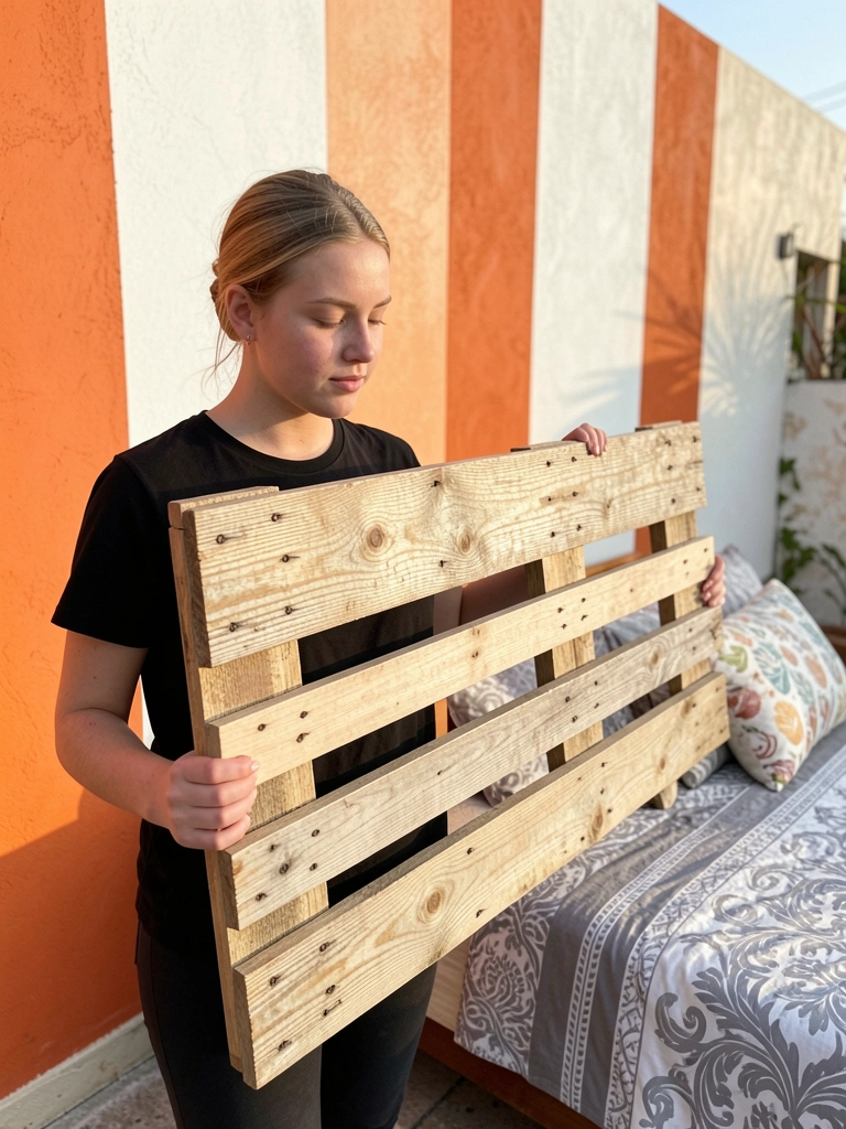 Mulher em pé ao lado de cabeceira de palete rústico em madeira clara, cama com edredom cinza e branco, parede listrada laranja e branca, luz natural.