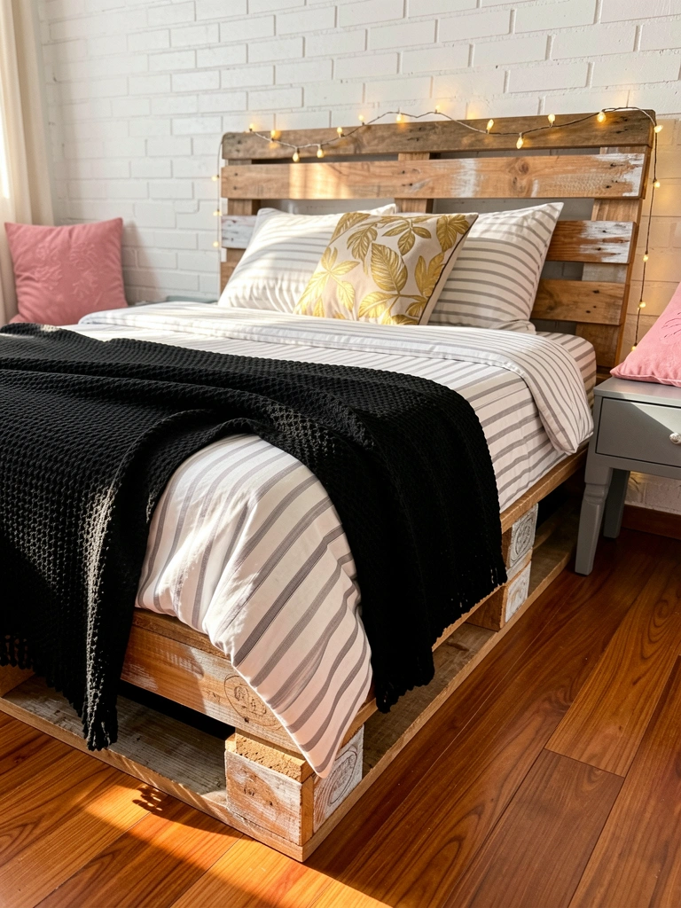 Cama rústica de paletes com colcha listrada cinza e branca, manta preta texturizada e almofada com folha dourada, luz de cordão sobre a cabeceira, chão de madeira e parede de tijolos brancos.